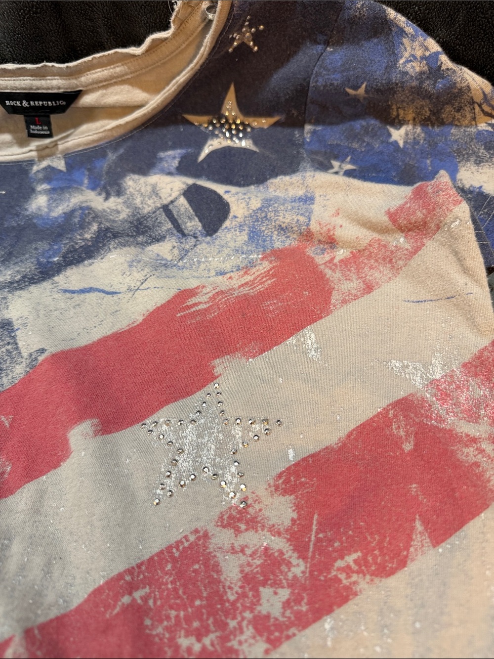Rock & Republic Short Sleeve Flag Fringe Tee - Blue, Red & White - Picture 4 of 4